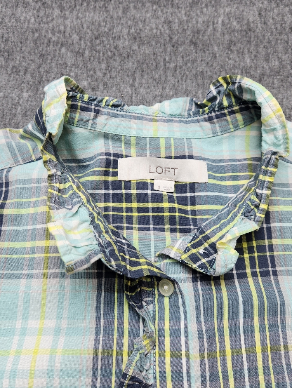 LOFT Plaid Ruffle Blouse Small Blue Yellow Cotton Modal Long Sleeve - Picture 4 of 7